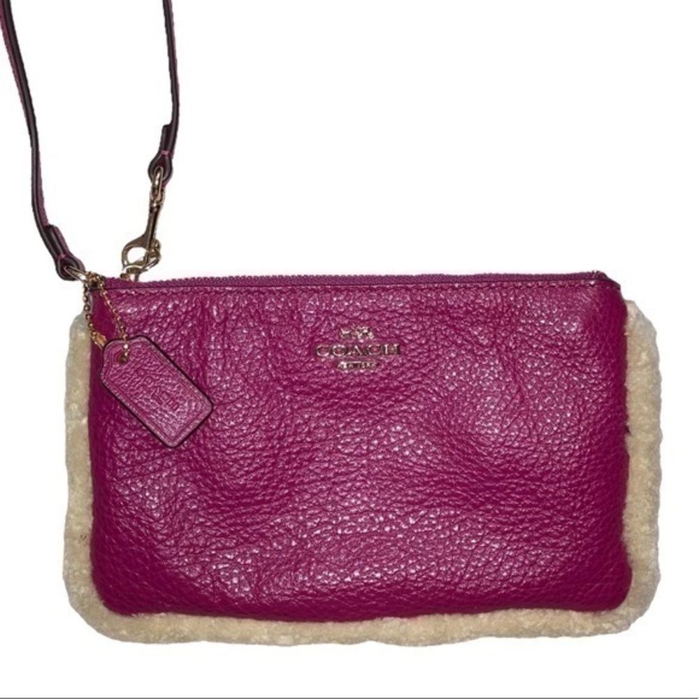 Coach Pink Leather Shearling Wristlet Bag